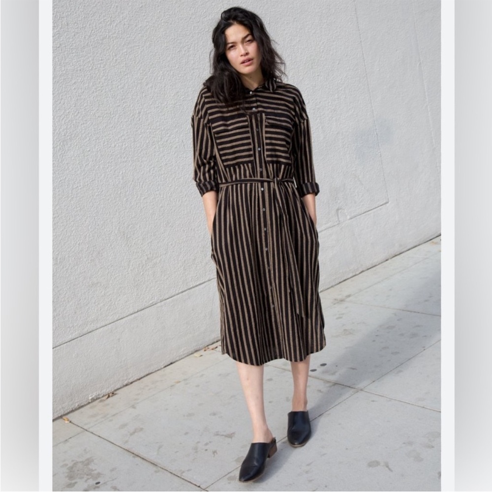 XiRENA Dustyn Tuxedo Stripe Midi Button Up Belted Shirt Dress XS Black Cotton